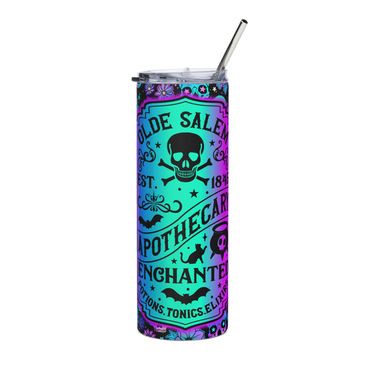 Front View: 20 oz Skinny Tumbler with an Ombré gradient colorful label surrounded by Skulls and flowers Lebel Text: Olde Salem EST. 1845 Apothecary Enchanted Potions, Tonics, Elixirs