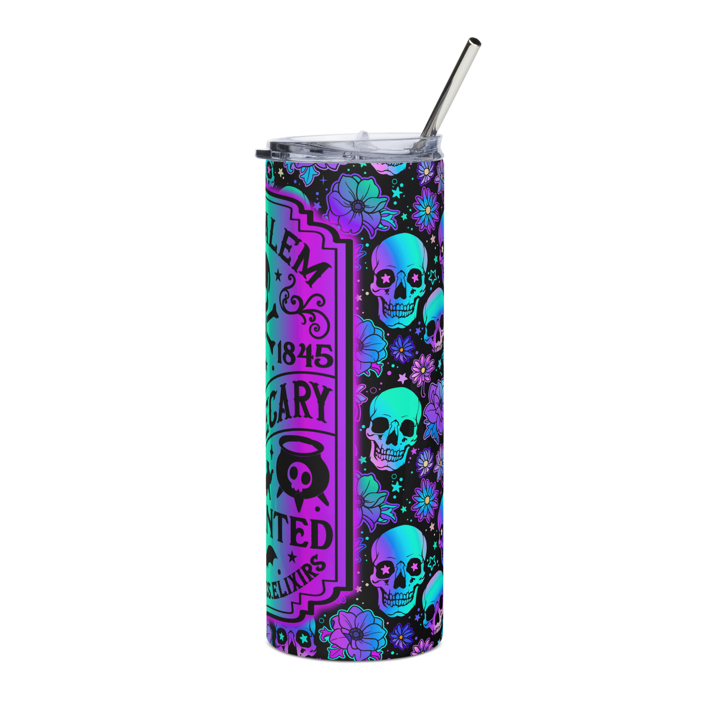 Left View: 20 oz Skinny Tumbler with an Ombré gradient colorful label surrounded by Skulls and flowers Lebel Text: Olde Salem EST. 1845 Apothecary Enchanted Potions, Tonics, Elixirs