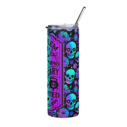 Left View: 20 oz Skinny Tumbler with an Ombré gradient colorful label surrounded by Skulls and flowers Lebel Text: Olde Salem EST. 1845 Apothecary Enchanted Potions, Tonics, Elixirs