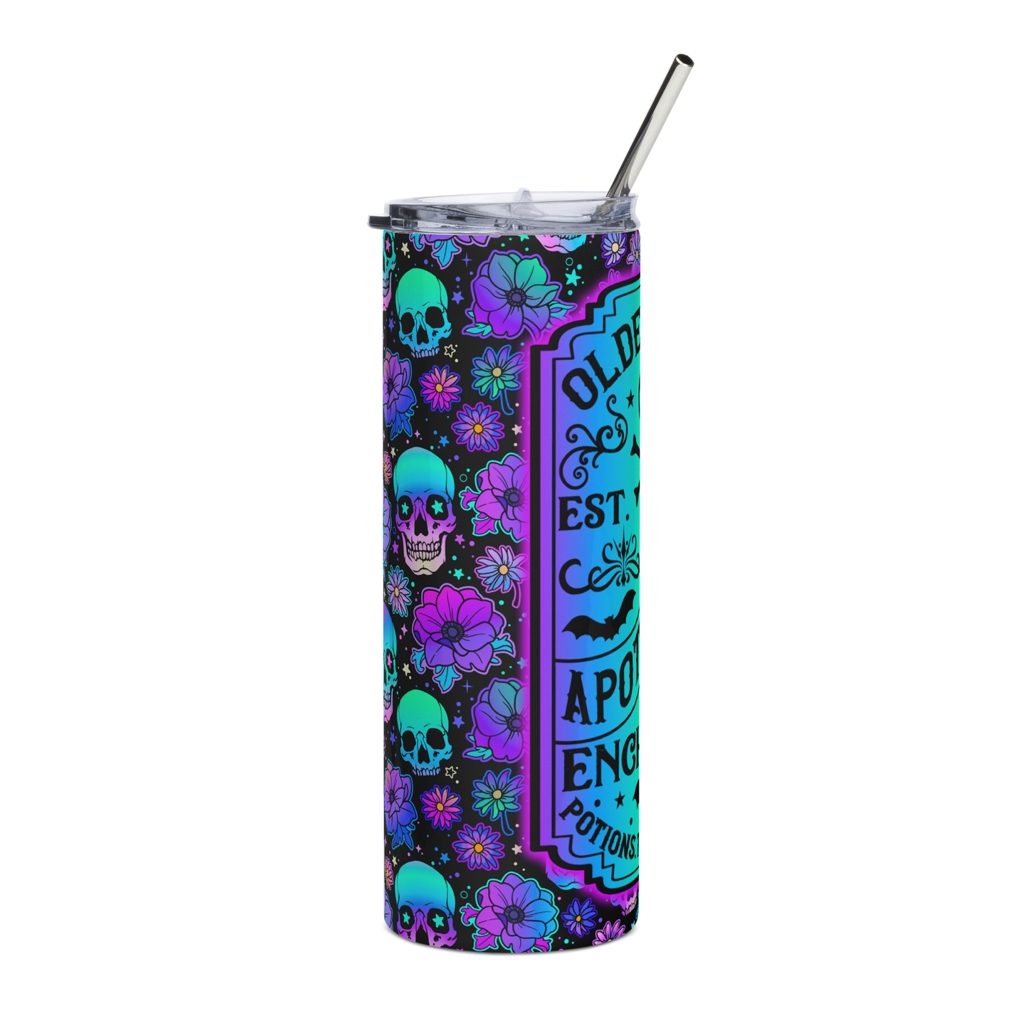 Right View: 20 oz Skinny Tumbler with an Ombré gradient colorful label surrounded by Skulls and flowers Lebel Text: Olde Salem EST. 1845 Apothecary Enchanted Potions, Tonics, Elixirs