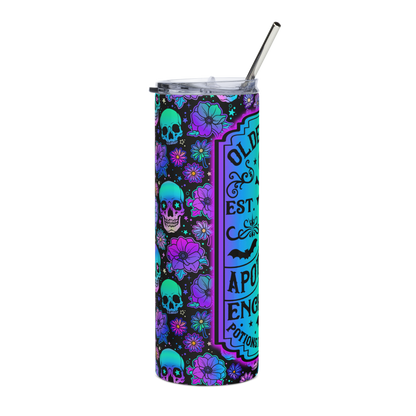 Right View: 20 oz Skinny Tumbler with an Ombré gradient colorful label surrounded by Skulls and flowers Lebel Text: Olde Salem EST. 1845 Apothecary Enchanted Potions, Tonics, Elixirs