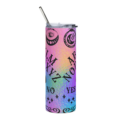 Back View: 20 oz Skinny Tumbler with a ombré gradient Ouija Board Graphic