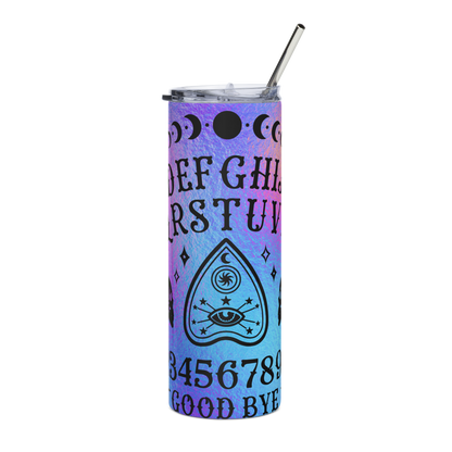 Front View: 20 oz Skinny Tumbler with a ombré gradient Ouija Board Graphic
