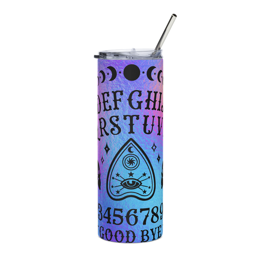 Front View: 20 oz Skinny Tumbler with a ombré gradient Ouija Board Graphic