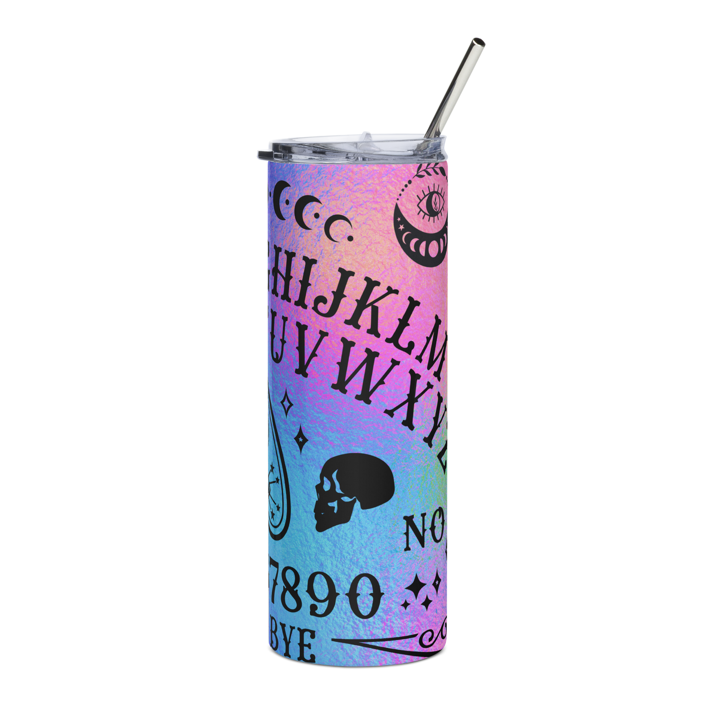 Left View: 20 oz Skinny Tumbler with a ombré gradient Ouija Board Graphic