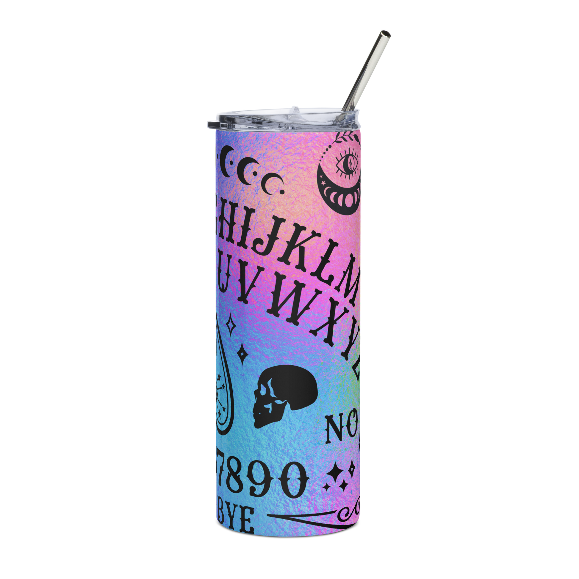 Left View: 20 oz Skinny Tumbler with a ombré gradient Ouija Board Graphic