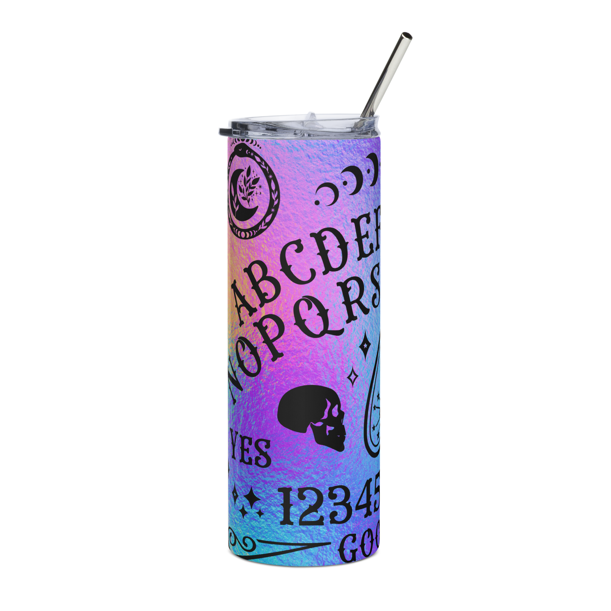 Right View: 20 oz Skinny Tumbler with a ombré gradient Ouija Board Graphic