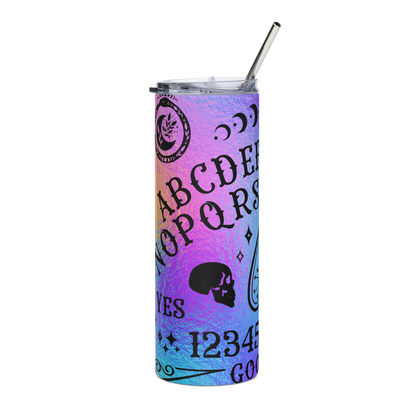 Right View: 20 oz Skinny Tumbler with a ombré gradient Ouija Board Graphic