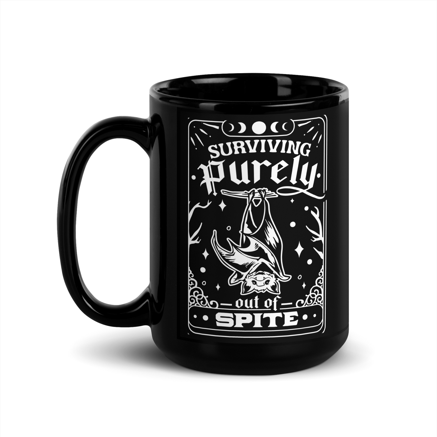 15 oz Black Mug with a hanging bat graphic with text: Surviving Purely Out Of Spite