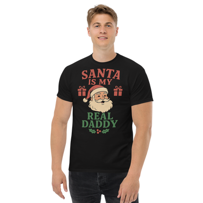 Front view: Person in black t-shirt with Santa graphic. Text: “Santa is my real Daddy”. Sizes S-5XL