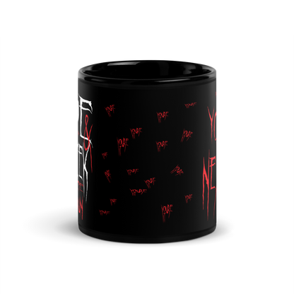 Side View 11 oz Black Mug with several small horror text: You’re It