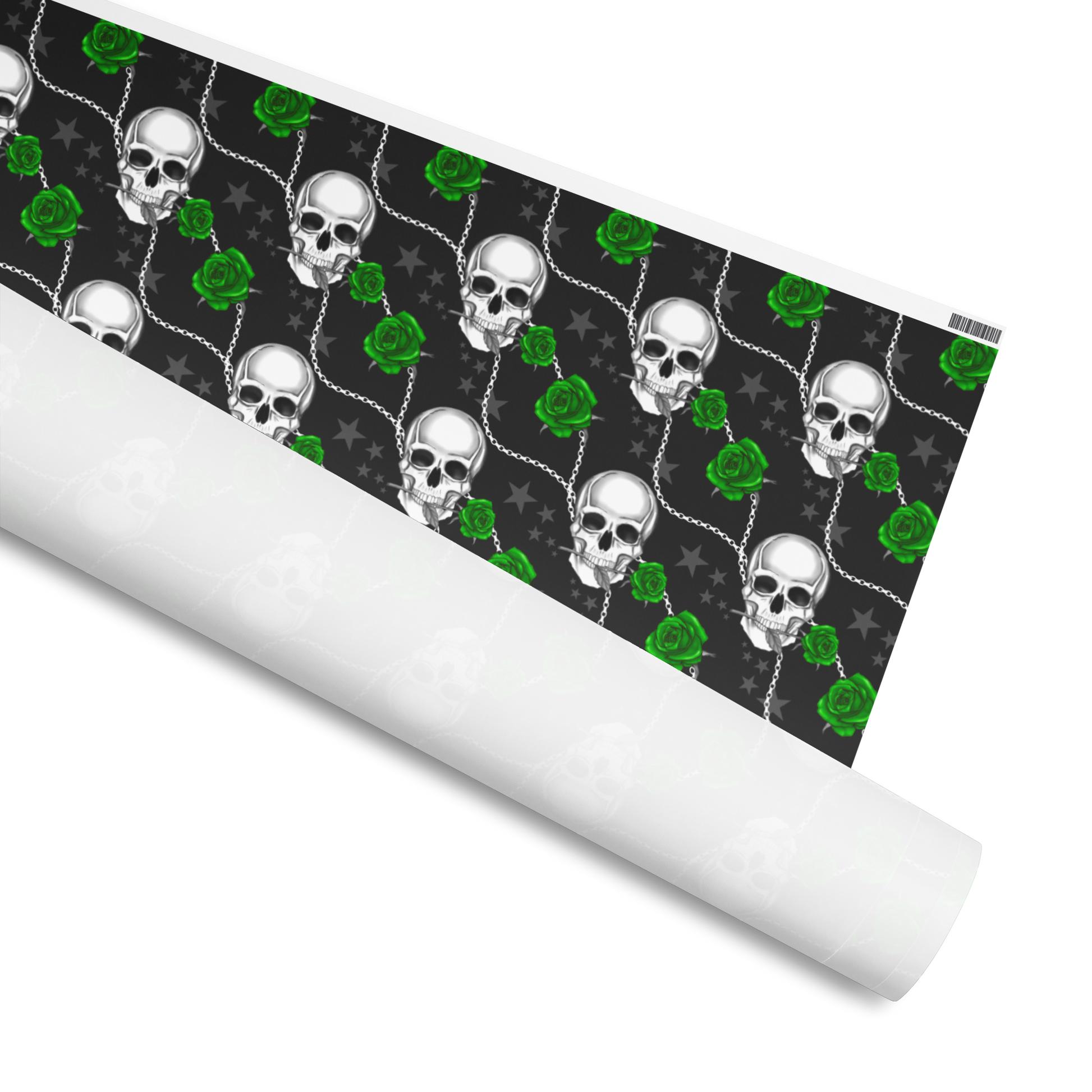 Roll of Wrapping paper with Skulls and Green Roses with Chains, Available in 3 Sizes and Matte or Gloss