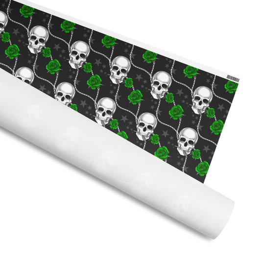 Roll of Wrapping paper with Skulls and Green Roses with Chains, Available in 3 Sizes and Matte or Gloss