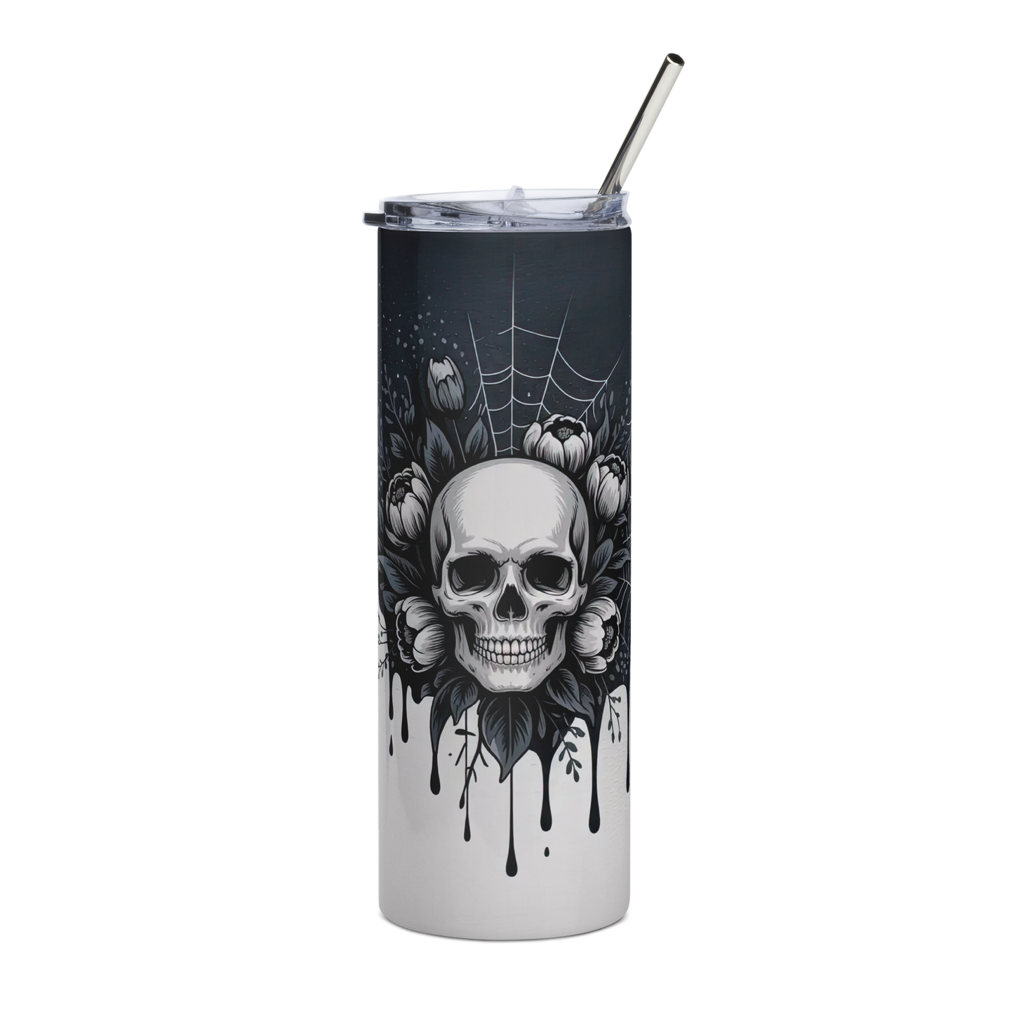 20 oz Skinny Tumbler with skull and floral design on a black ink dripping over a white background 