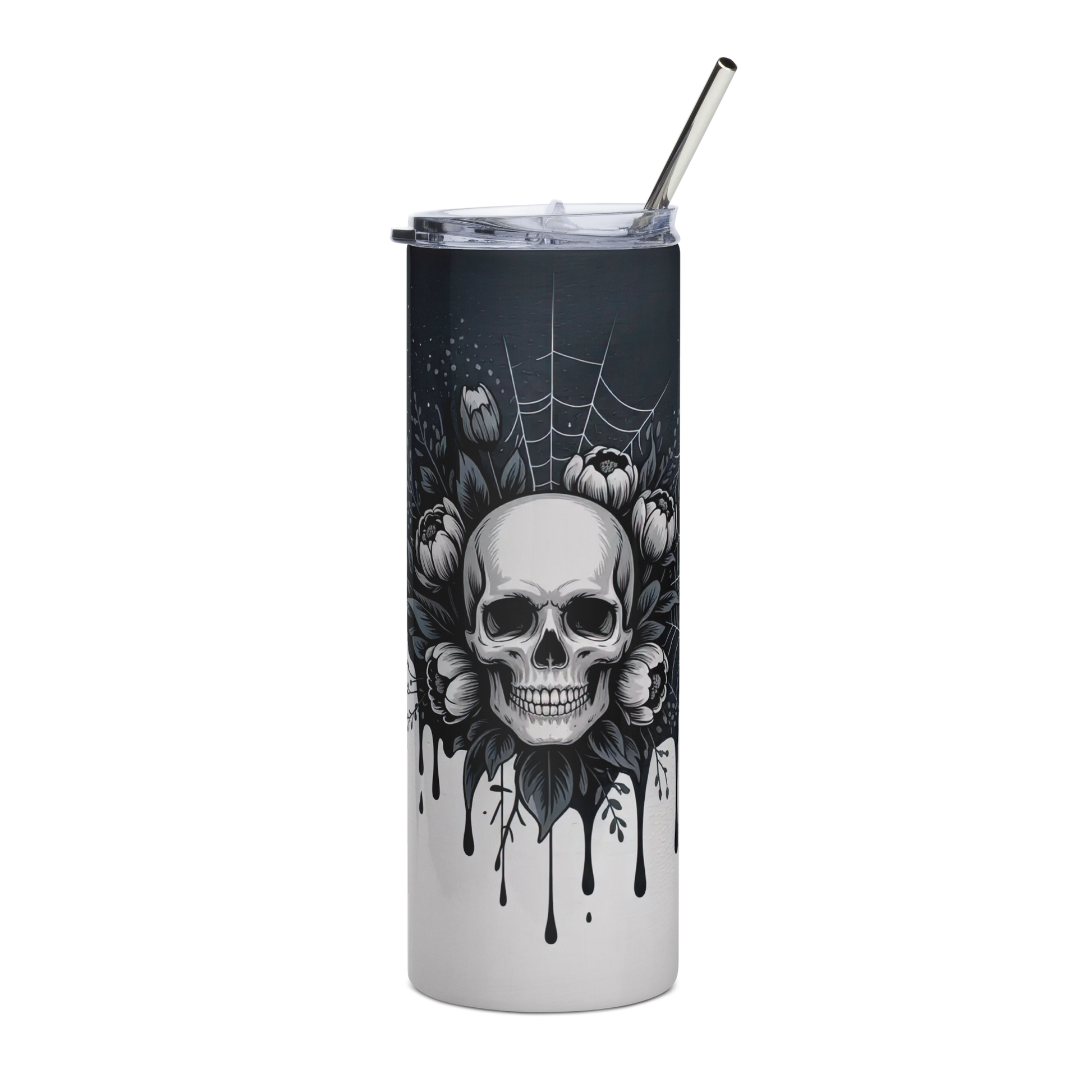 20 oz Skinny Tumbler with skull and floral design on a black ink dripping over a white background 