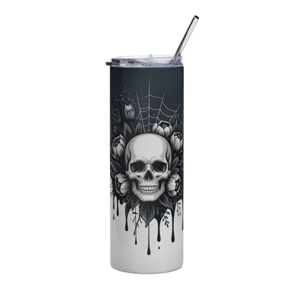 20 oz Skinny Tumbler with skull and floral design on a black ink dripping over a white background 