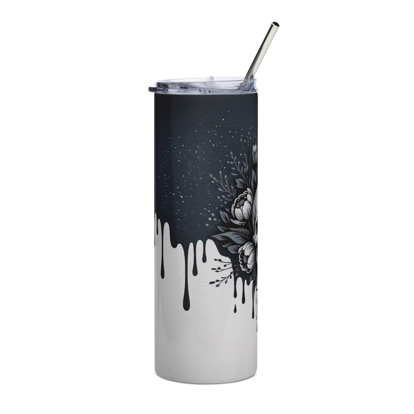 Right View, 20 oz skinny tumbler with black ink drips down over a white background 