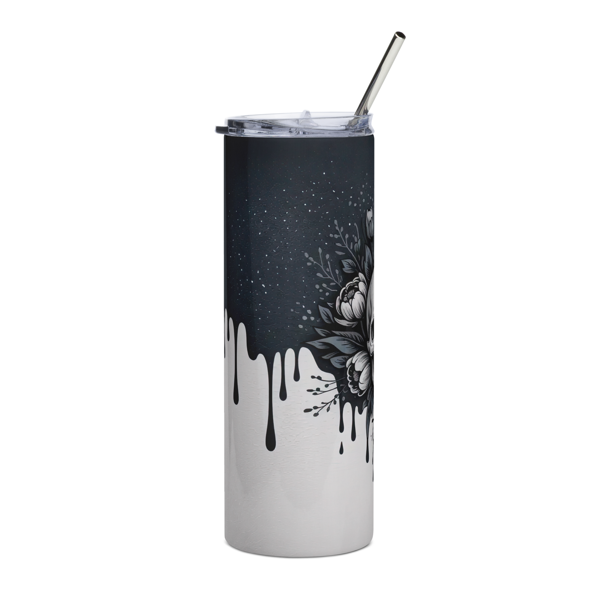 Right View, 20 oz skinny tumbler with black ink drips down over a white background 
