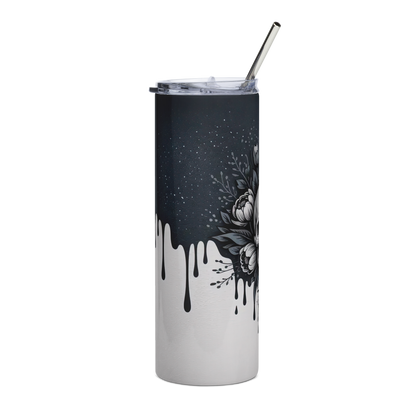 Right View, 20 oz skinny tumbler with black ink drips down over a white background 