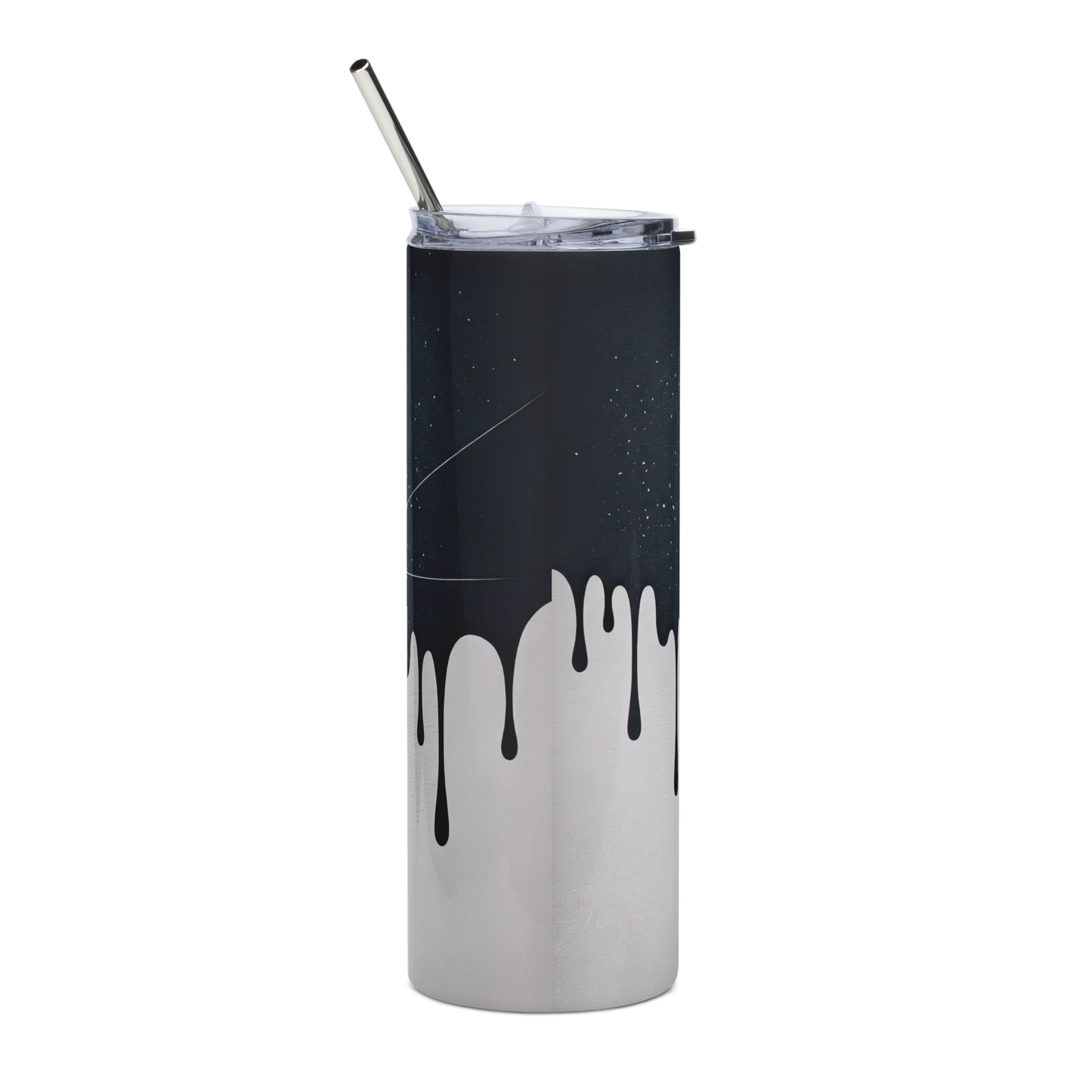 Back View, 20 oz skinny tumbler with black ink drips down over a white background 