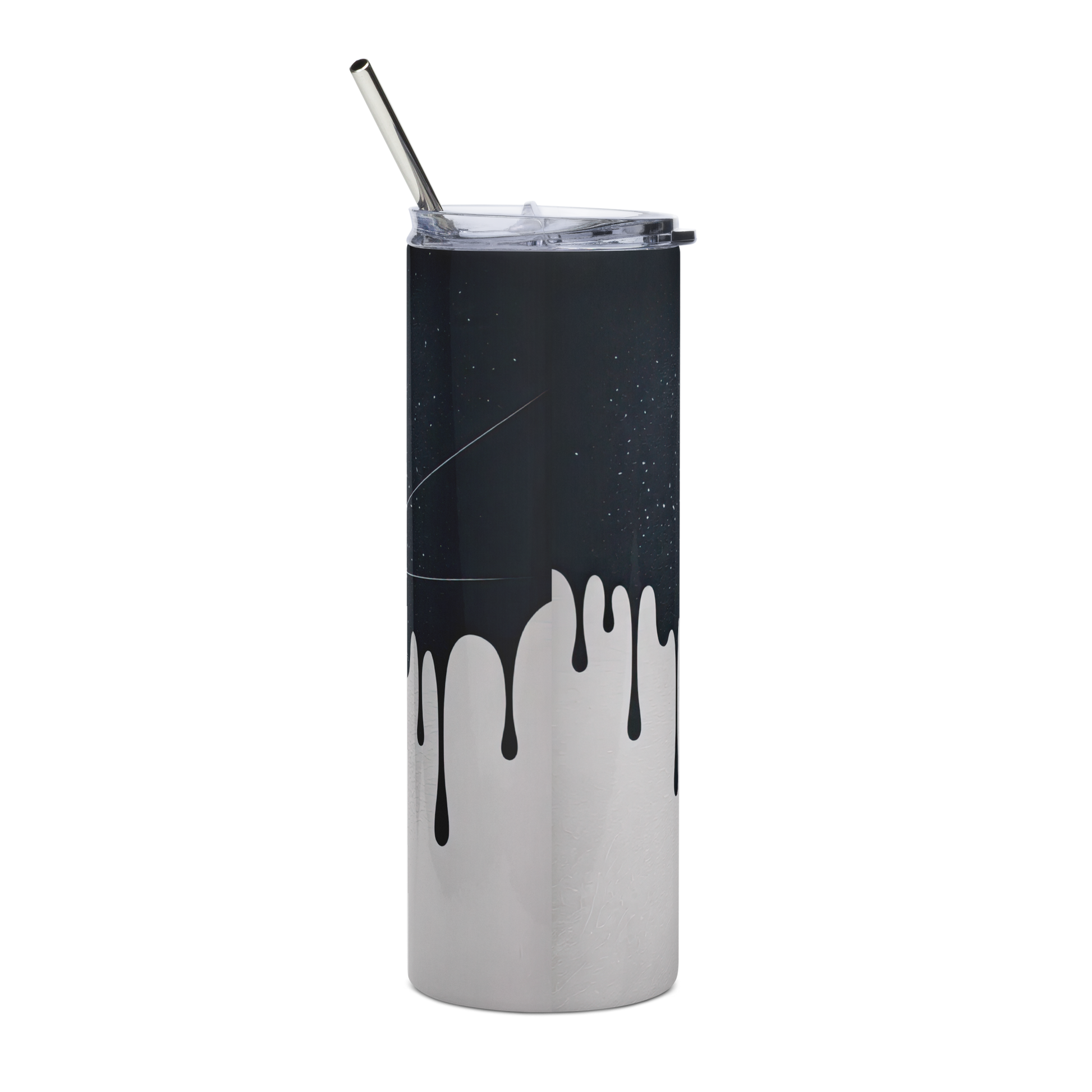 Back View, 20 oz skinny tumbler with black ink drips down over a white background 