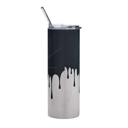 Back View, 20 oz skinny tumbler with black ink drips down over a white background 