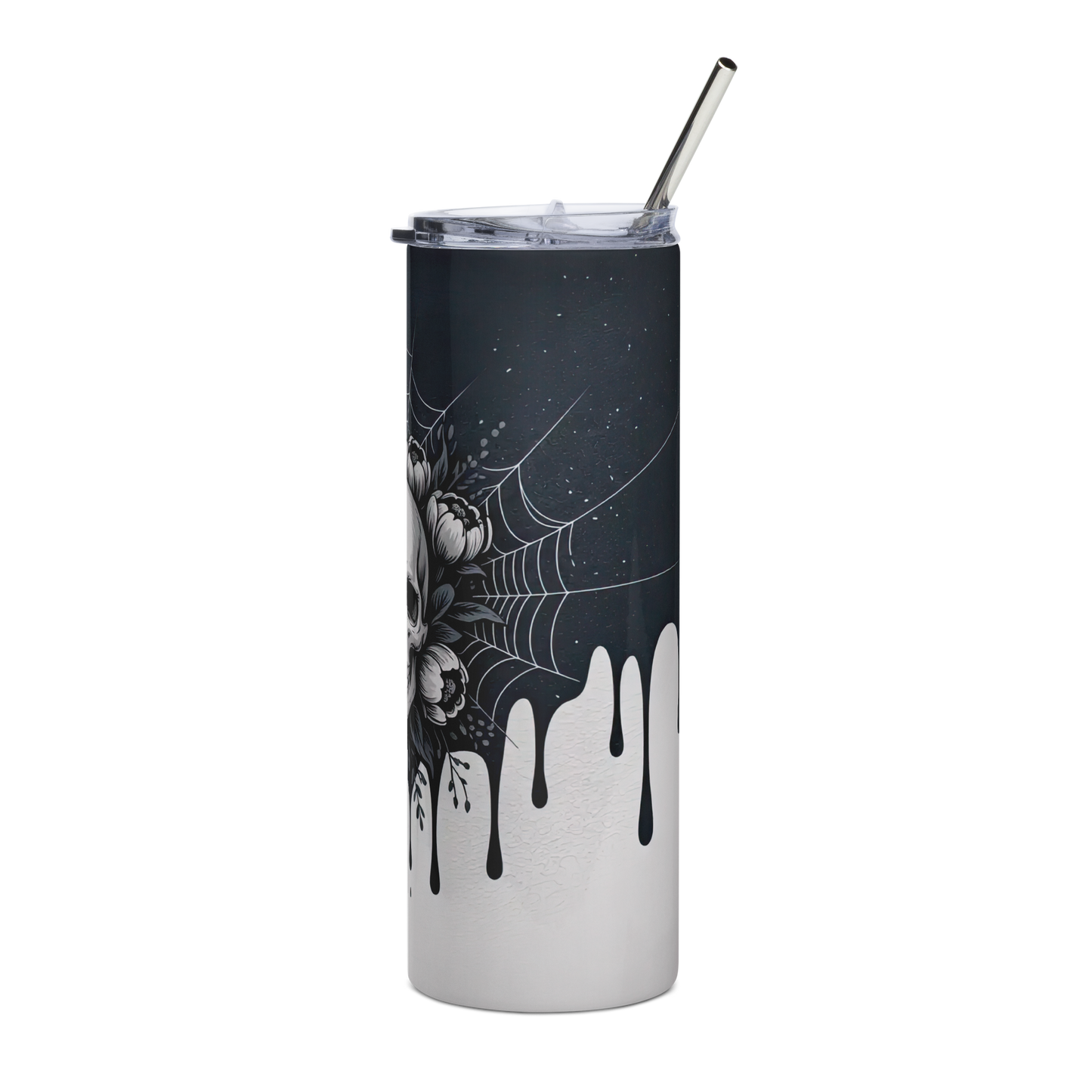 Left View, 20 oz skinny tumbler with black ink drips down over a white background 
