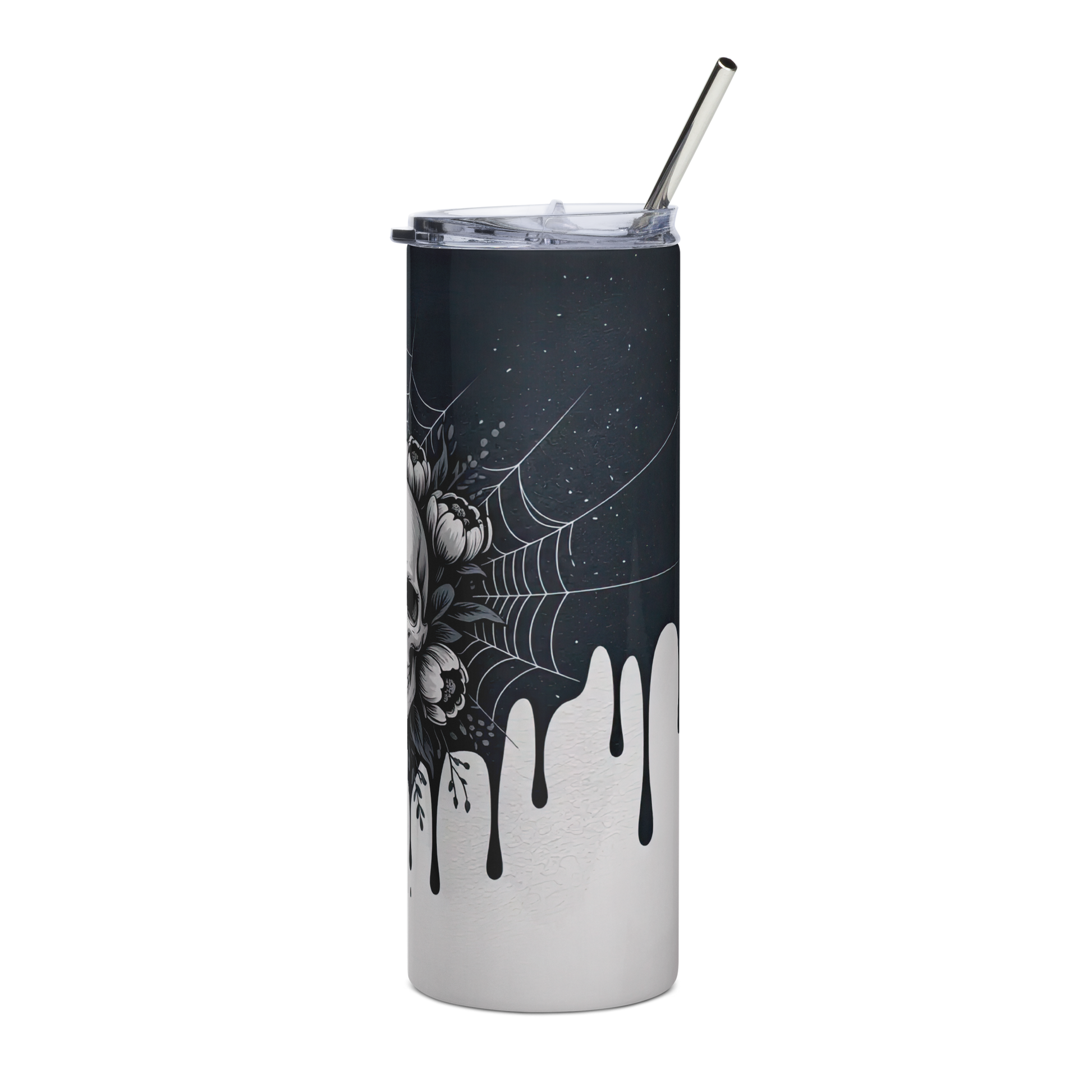 Left View, 20 oz skinny tumbler with black ink drips down over a white background 