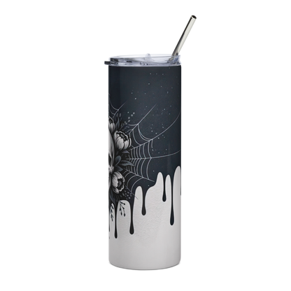 Left View, 20 oz skinny tumbler with black ink drips down over a white background 