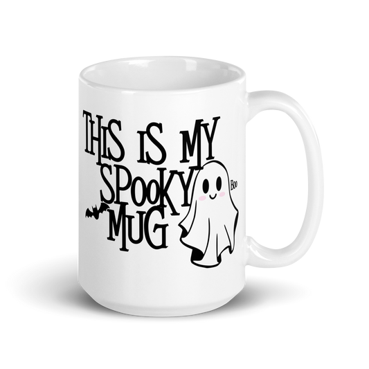 15 oz White Mug with cute little ghost with text: This is My Spooky Mug 