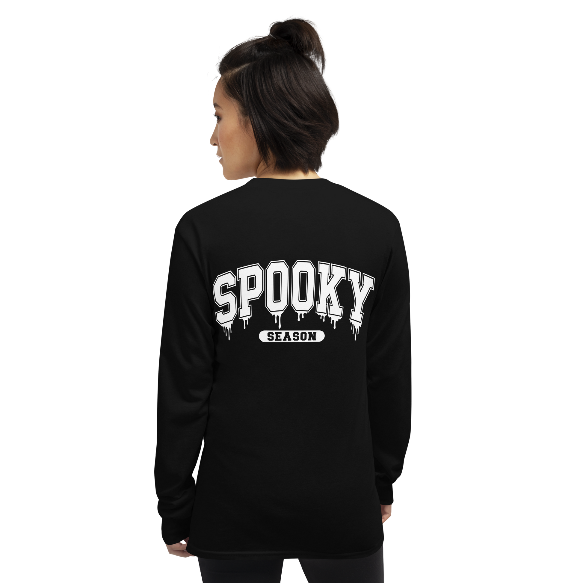 Back View: person wearing a Black long-sleeve shirt with 'Spooky Season' text on the back, Sizes: Small to 4 XL