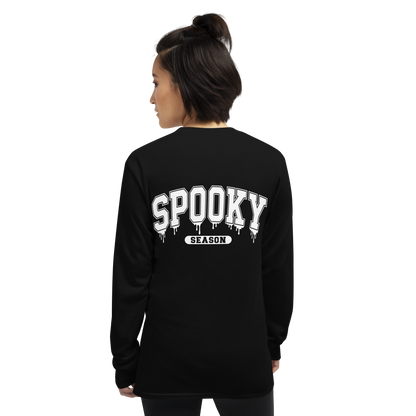 Back View: person wearing a Black long-sleeve shirt with 'Spooky Season' text on the back, Sizes: Small to 4 XL