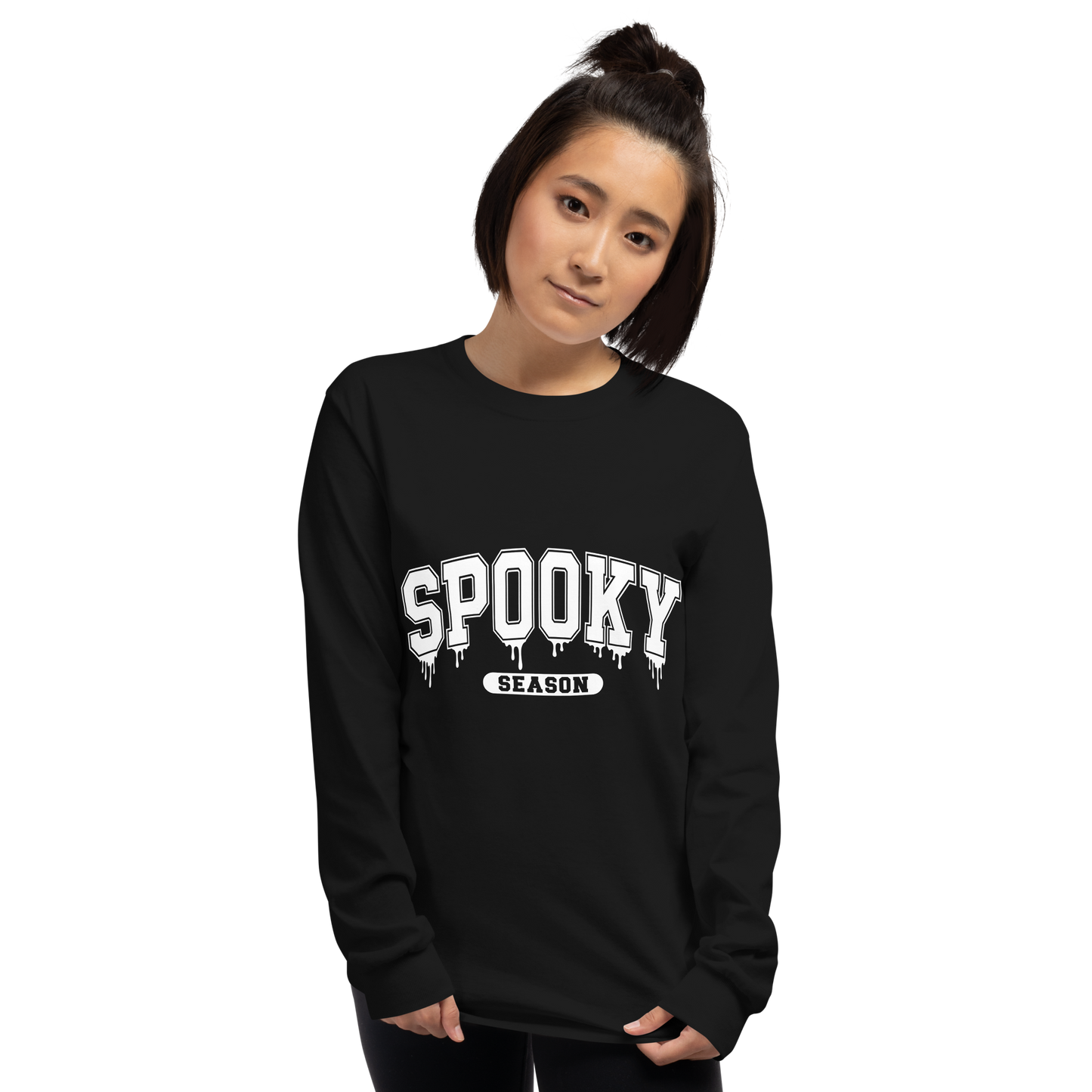 Front View: Person wearing a black long-sleeve shirt with 'SPOOKY SEASON' text Sizes: Small to 4XL