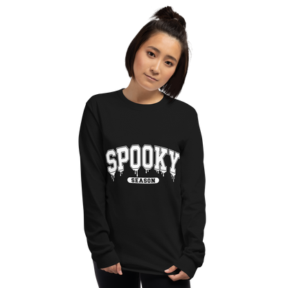 Front View: Person wearing a black long-sleeve shirt with 'SPOOKY SEASON' text Sizes: Small to 4XL