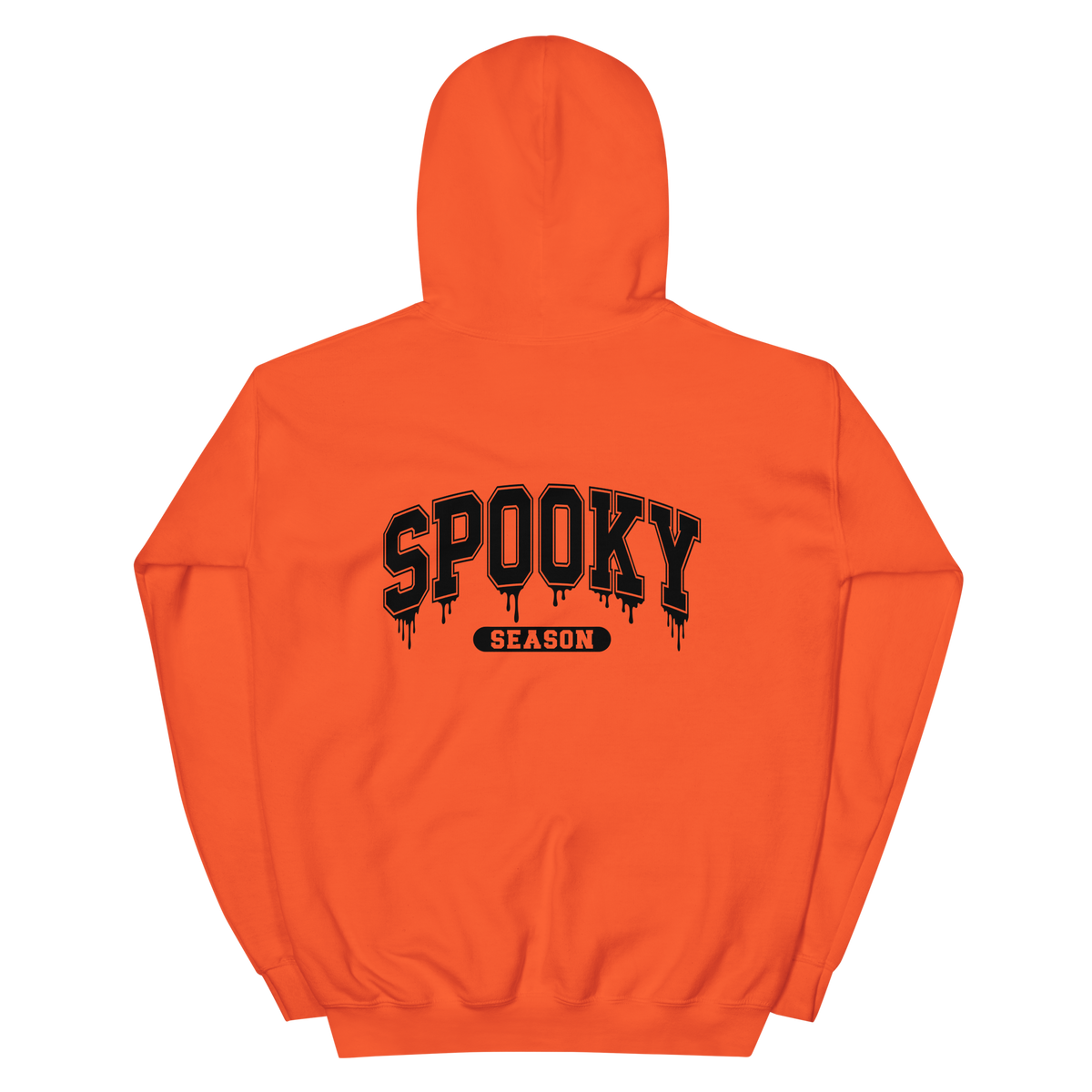 Back View: Orange Hoodie with text: Spooky Season, Available sizes: Small to 5XL