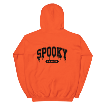 Back View: Orange Hoodie with text: Spooky Season, Available sizes: Small to 5XL