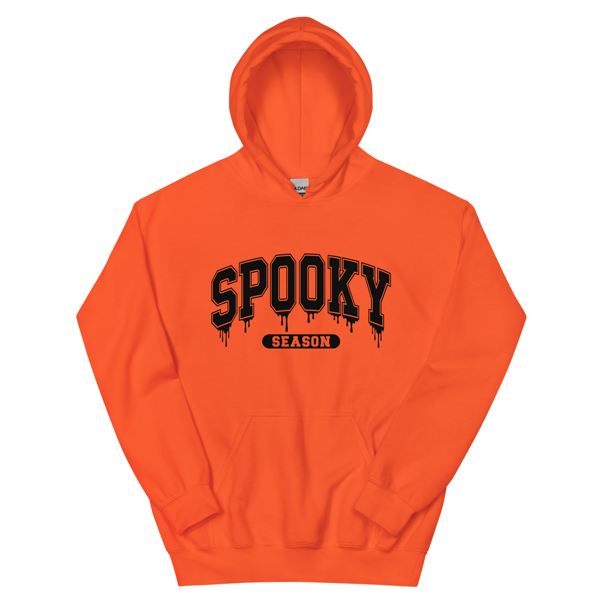 Front View, Orange Hoodie with text: Spooky Season, Available sizes: Small to 5XL