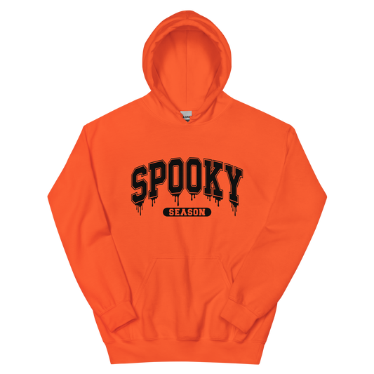 Front View, Orange Hoodie with text: Spooky Season, Available sizes: Small to 5XL