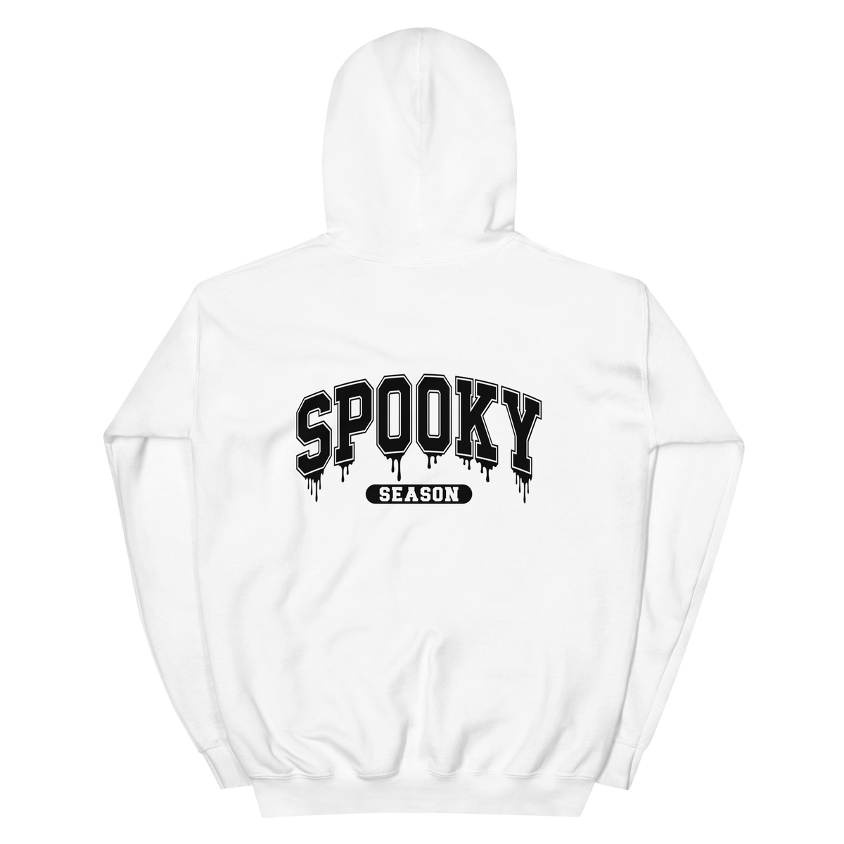Back View: White Hoodie with text: Spooky Season, Available sizes: Small to 5XL