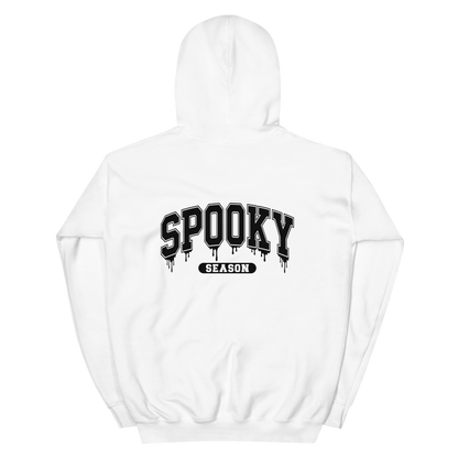 Back View: White Hoodie with text: Spooky Season, Available sizes: Small to 5XL