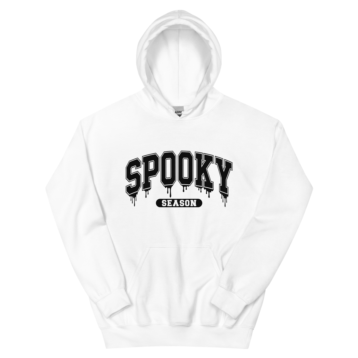 Front View: White Hoodie with text: Spooky Season, Available sizes: Small to 5XL