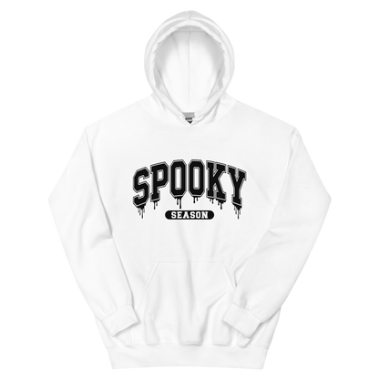 Front View: White Hoodie with text: Spooky Season, Available sizes: Small to 5XL