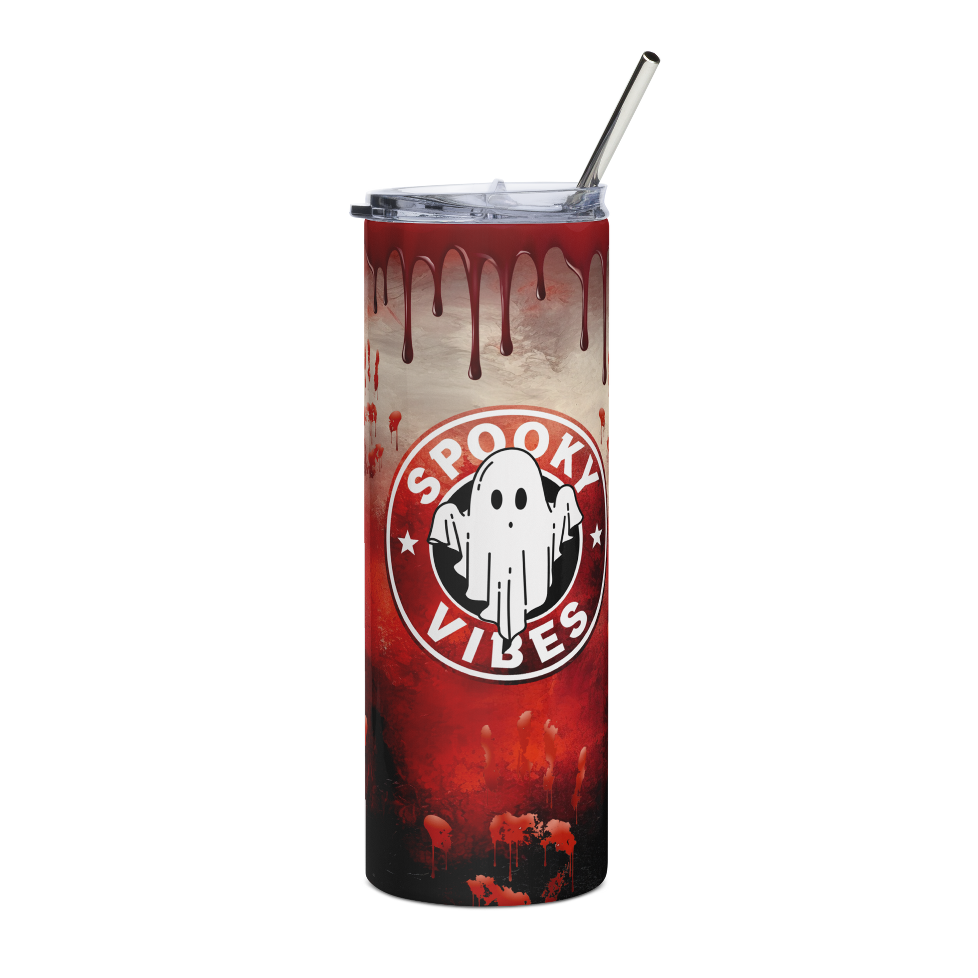 Front View: 20 oz Skinny Tumbler Bloody drips, prints in the background with a coffee shop style label with a ghost, Text: Spooky Vibes