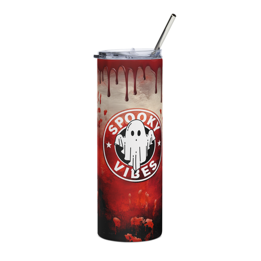Front View: 20 oz Skinny Tumbler Bloody drips, prints in the background with a coffee shop style label with a ghost, Text: Spooky Vibes