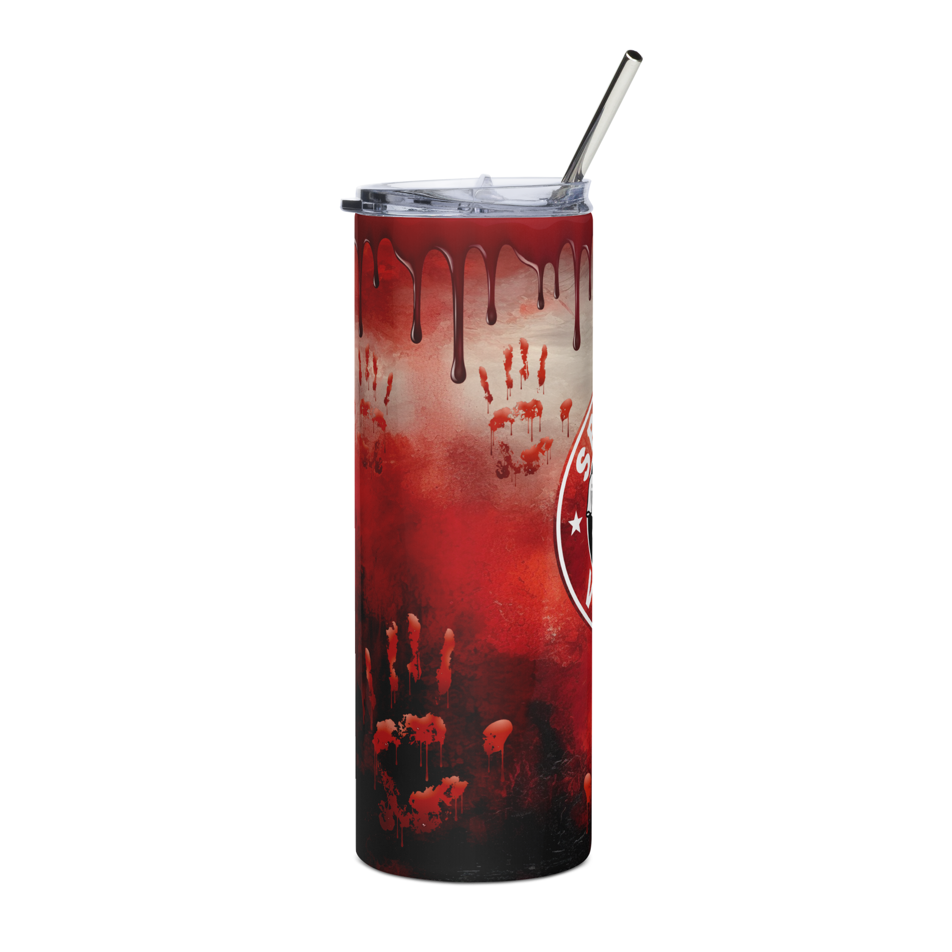 Right View: 20 oz Skinny Tumbler, Bloody Rim with Bloody Handprints, side view of label