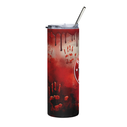 Right View: 20 oz Skinny Tumbler, Bloody Rim with Bloody Handprints, side view of label
