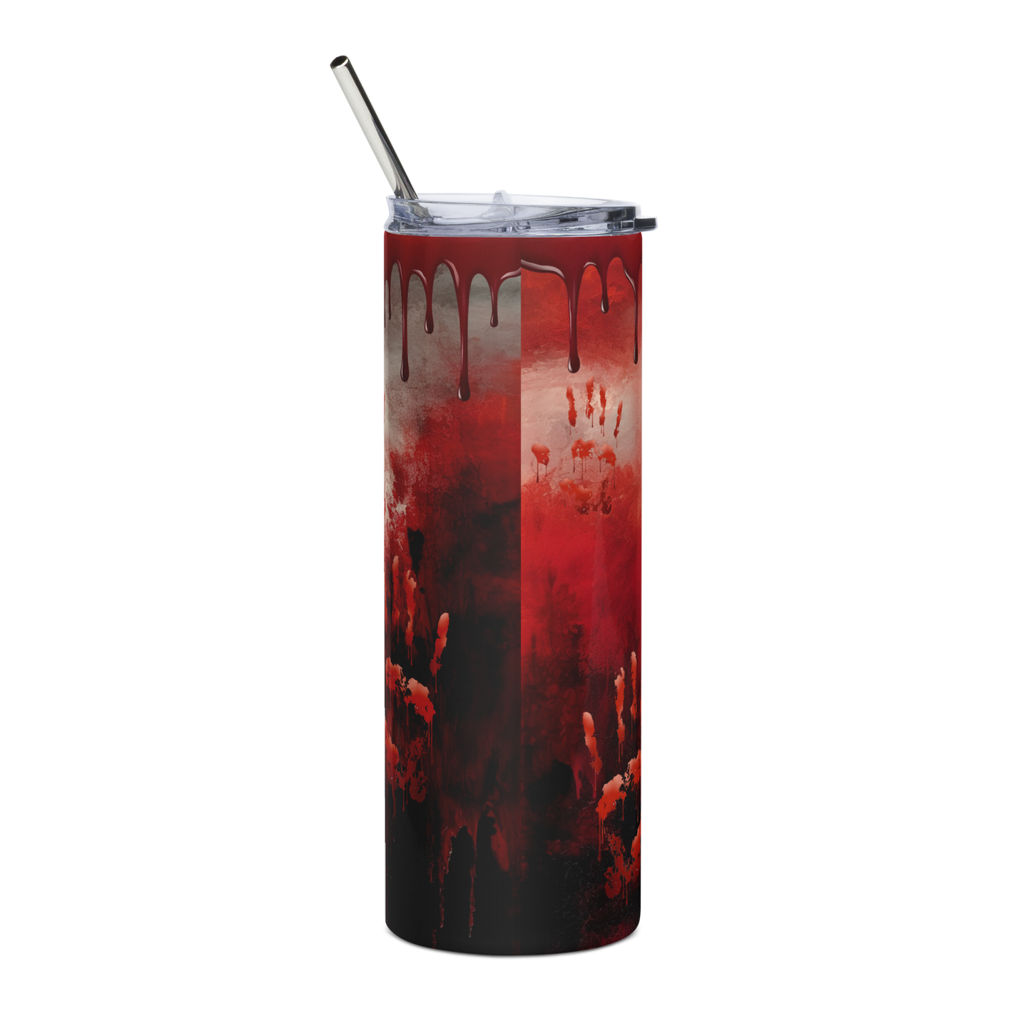 Back View: 20 oz Skinny Tumbler, Blood drips from rim with bloody hand prints.