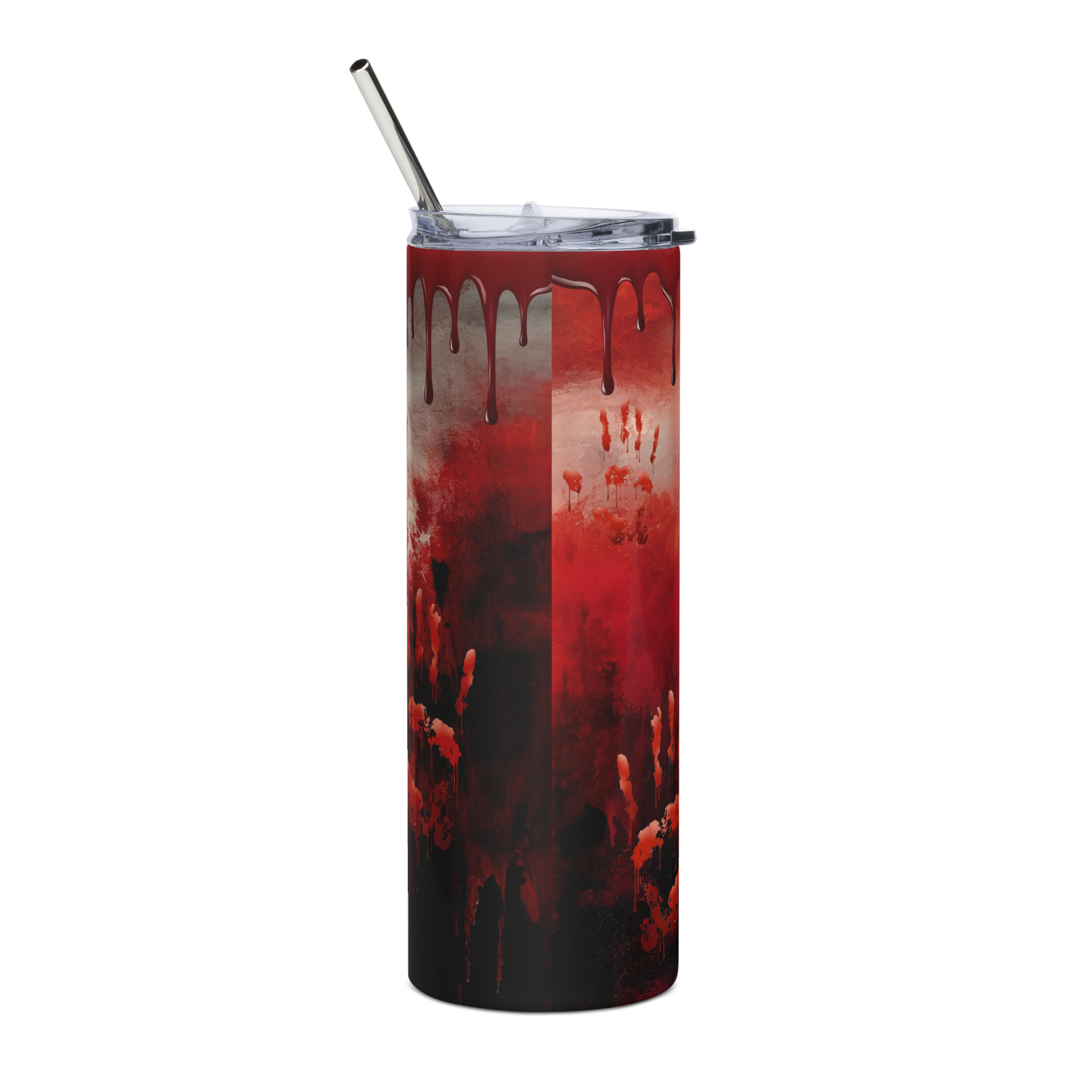 Back View: 20 oz Skinny Tumbler, Blood drips from rim with bloody hand prints.