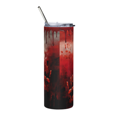 Back View: 20 oz Skinny Tumbler, Blood drips from rim with bloody hand prints.