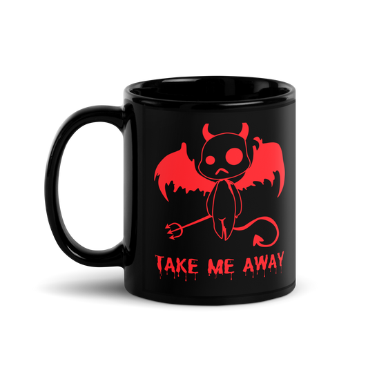 11 oz Black Mug with a red illustration of a little devil with dripping text Take Me Away
